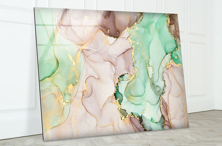 Mint & Gold Marble Wall Art – Pastel Abstract Glass Print Decor