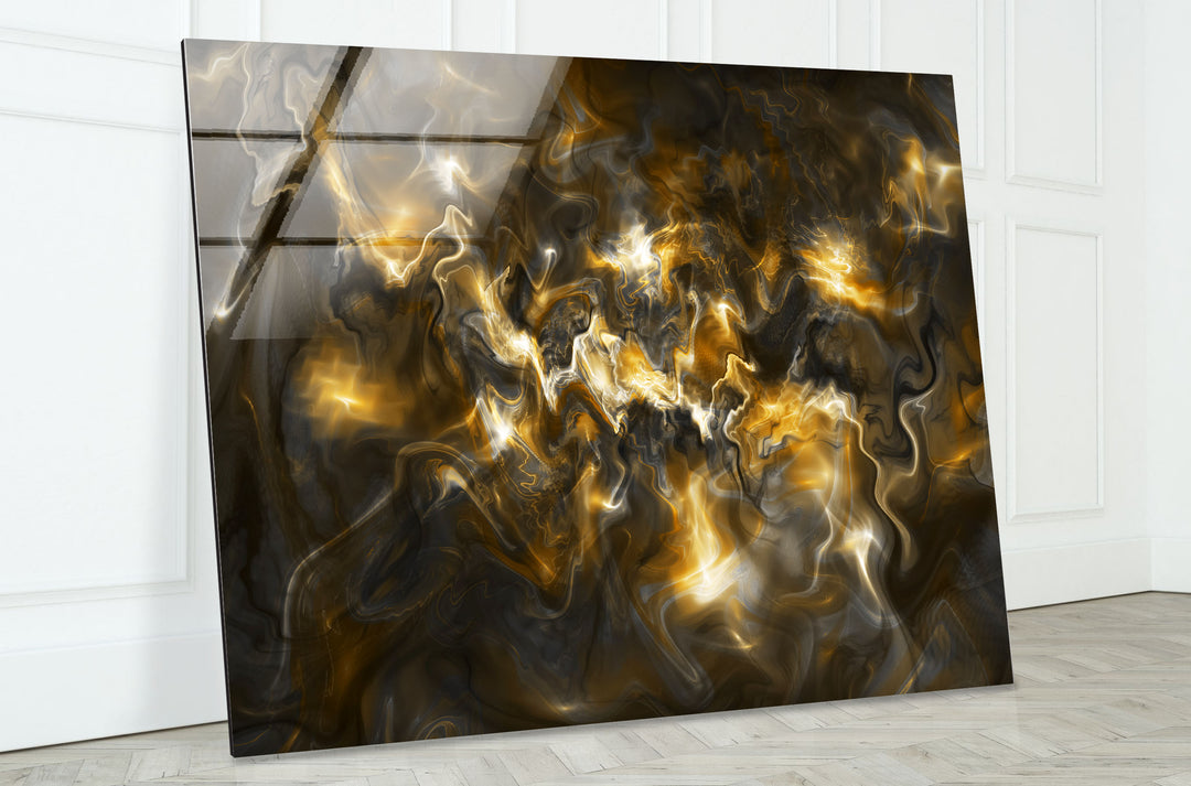 Golden Energy Wall Art – Abstract Marble Glass Print for Interiors