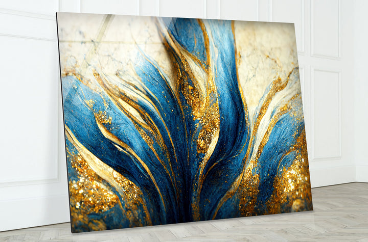 Abstrakte Wandkunst in Blau und Gold – Luxuriöser Glasdruck für glamouröse Innenräume 