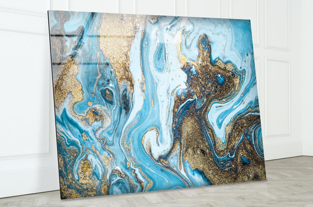 Türkis &amp; Gold Marmor Wandkunst – Abstraktes Glasdruck Dekor 