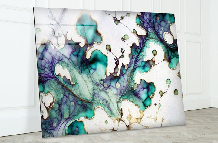 Abstrakte, fließende Wandkunst – Wohndekor im blaugrünen und violetten Tintenstil 