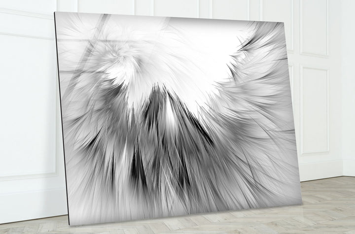 Schwarz-weiße abstrakte Wandkunst – Glasdruck mit Federtextur 