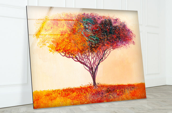 Farbenfrohe Baum-Wandkunst – Lebendiger abstrakter Naturdruck auf Glas 