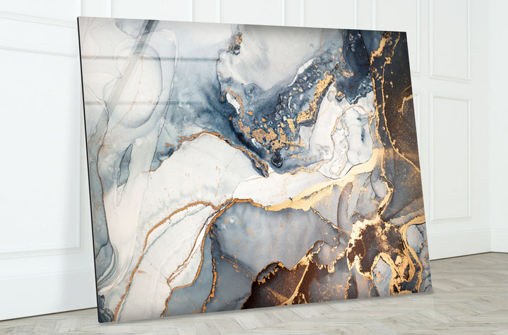 Luxury Blue & Gold Marble Wall Art – Elegant Abstract Glass Print