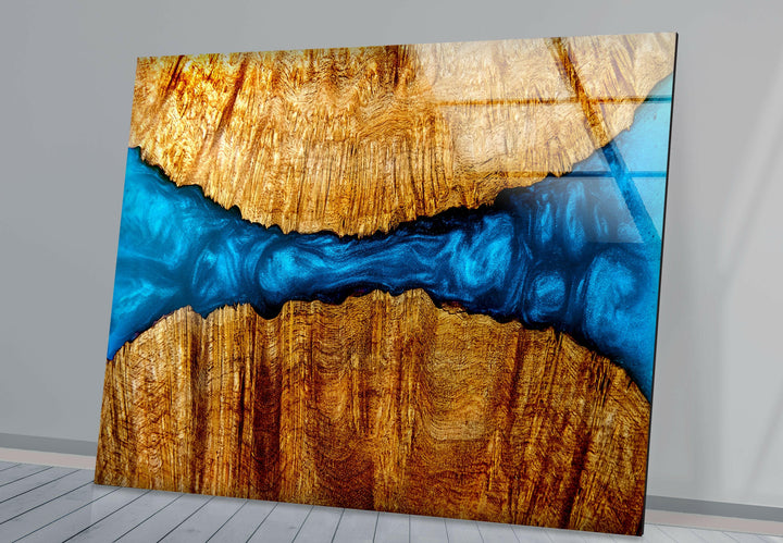 Wood and Blue Epoxy Glass Printing Wall Art
