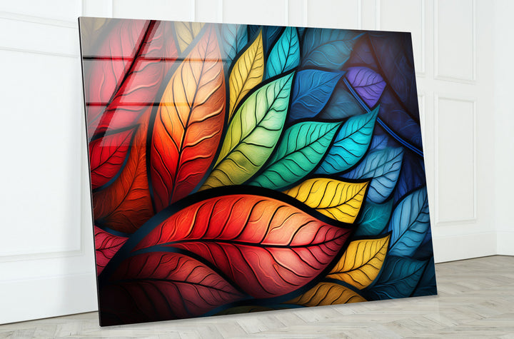 Vibrant Rainbow Leaves Wall Art – Colorful Abstract Glass Print