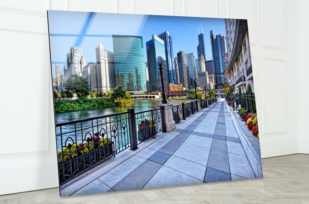 Chicago Riverwalk Glaswandkunst – Atemberaubender Blick auf die Wolkenkratzer der Innenstadt und den Uferweg
