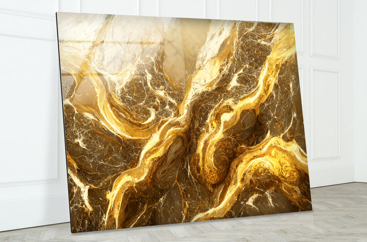 Abstrakte Wandkunst aus goldenem Marmor – Eleganter Glasdruck für Innenräume 