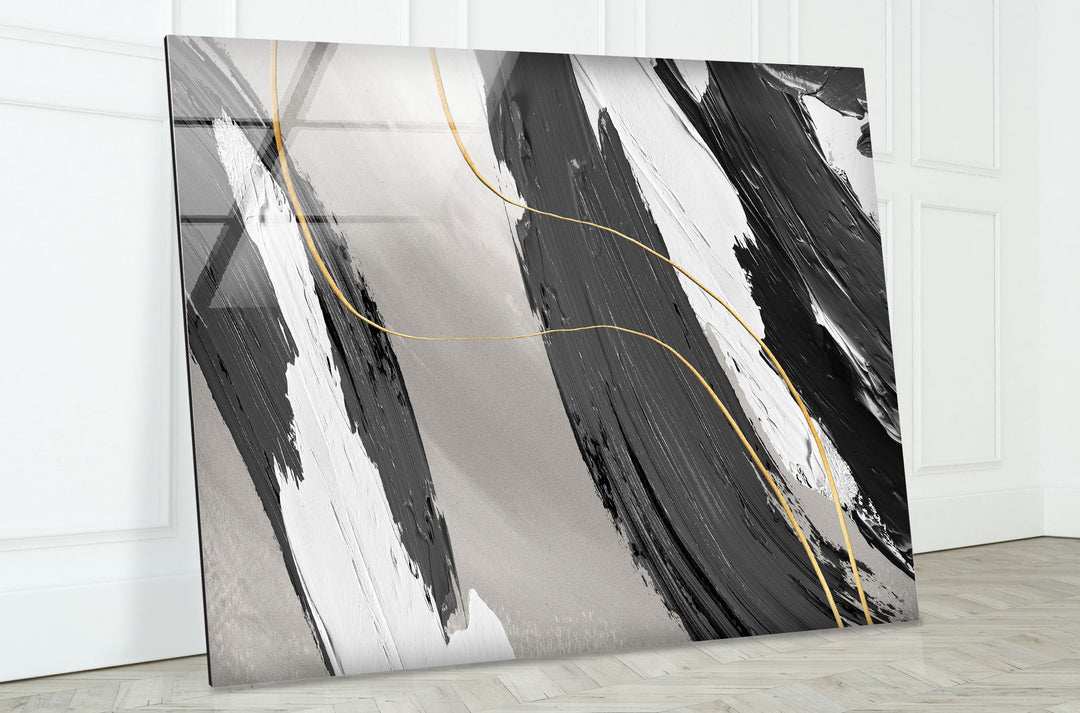 Monochrome Gold Abstract Wall Art – Glass Print for Modern Interiors