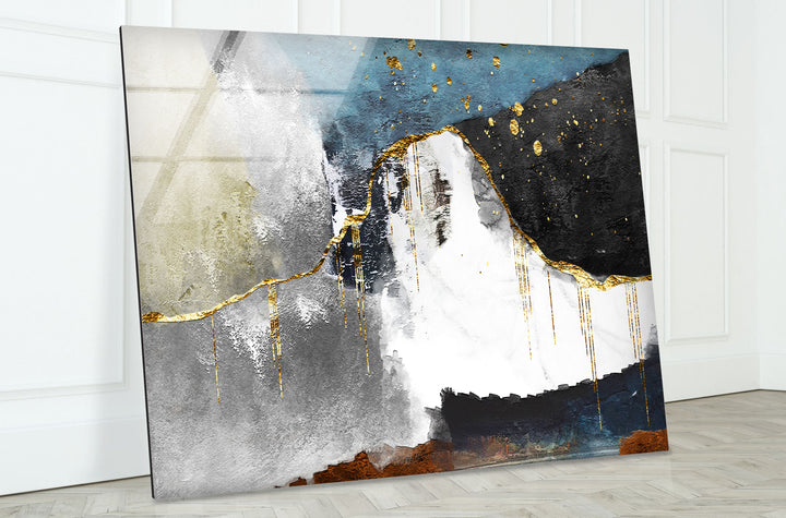 Abstract Mountain Wall Art – Blue, Gold & Neutral Glass Print Decor