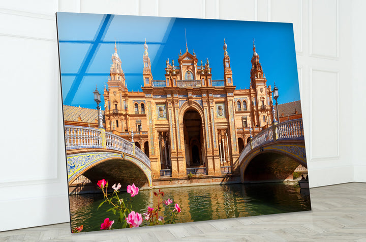 Glaswandkunst Plaza de España – Majestätisches spanisches Wahrzeichen mit malerischem Kanal