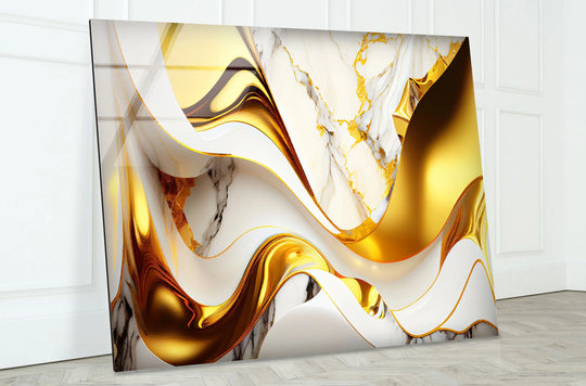 Golden waves dance across a marble abstract hanging wall art, casting soft shadows and reflecting light.