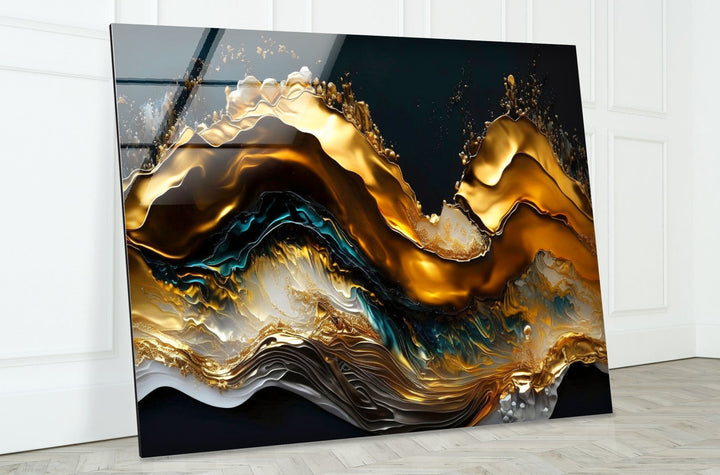 Golden Wave Abstract Wall Art – Luxury Glass Print for Interiors