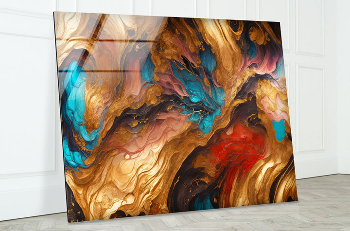 Fiery Gold & Teal Abstract Wall Art – Fluid Ink Design for Interiors