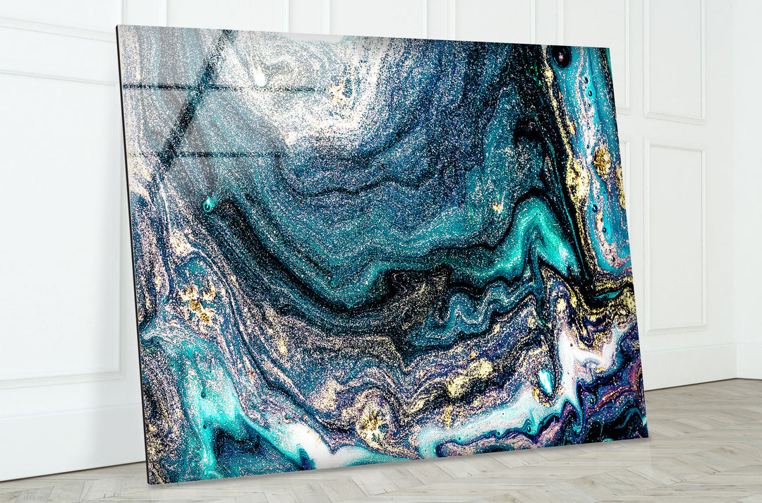Galaxy Marble Wall Art | Teal Gold Abstract Glass Print for Walls