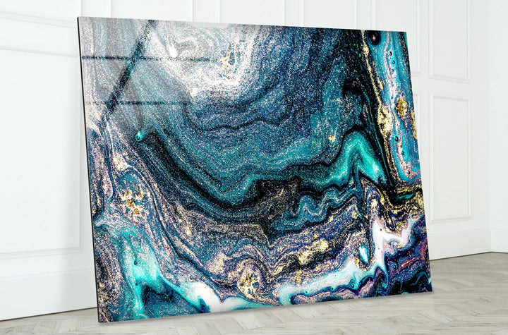Galaxy Marble Wall Art | Teal Gold Abstract Glass Print for Walls