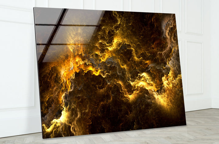 Golden Storm Nebula Wandkunst – Abstrakter kosmischer Glasdruck 