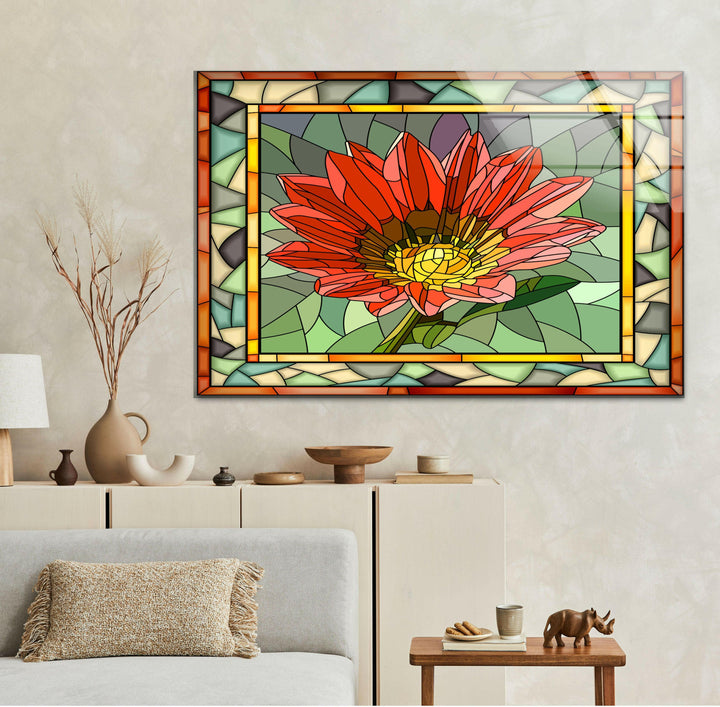 Red Mosaic Flower Stained Glass Wall Art Glass Printing Wall Art, Print photos on glass