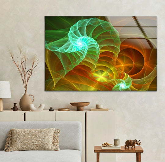 Decorative wall art featuring a luminous fractal spiral of bright turquoise and vibrant yellow light with glowing orange swirls.