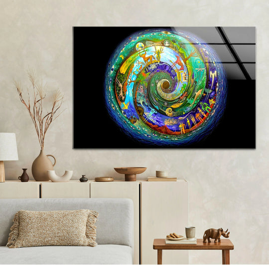 Vibrant print wall art bursts with a cosmic spiral of rainbow colors and mystical figures in this striking glass artwork.