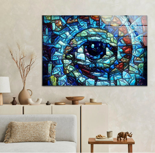 Refracted light dances across the deep sapphire and emerald hues of this mosaic eye glass wall art.