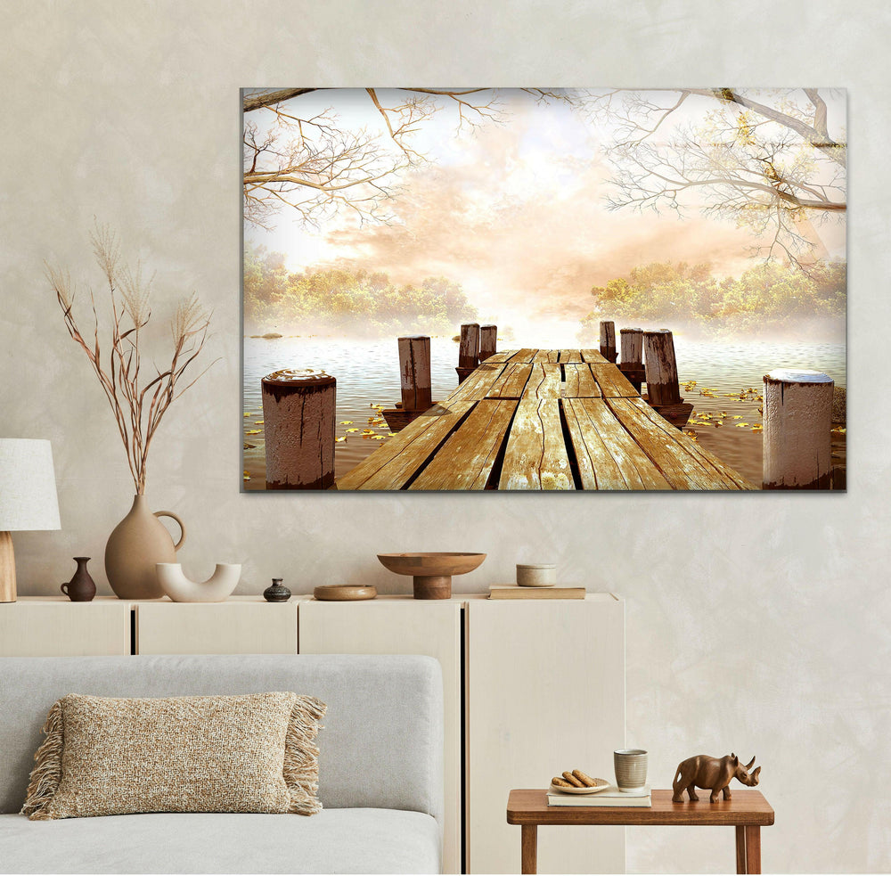 Misty Lake Morning – A Serene Sunrise Reflection on Glass Wall Art
