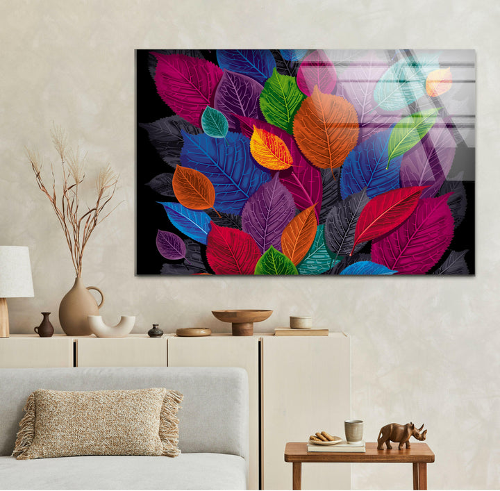 Modern Colorful Leaf Glass Wall Art, glass image printing, glass prints from photos