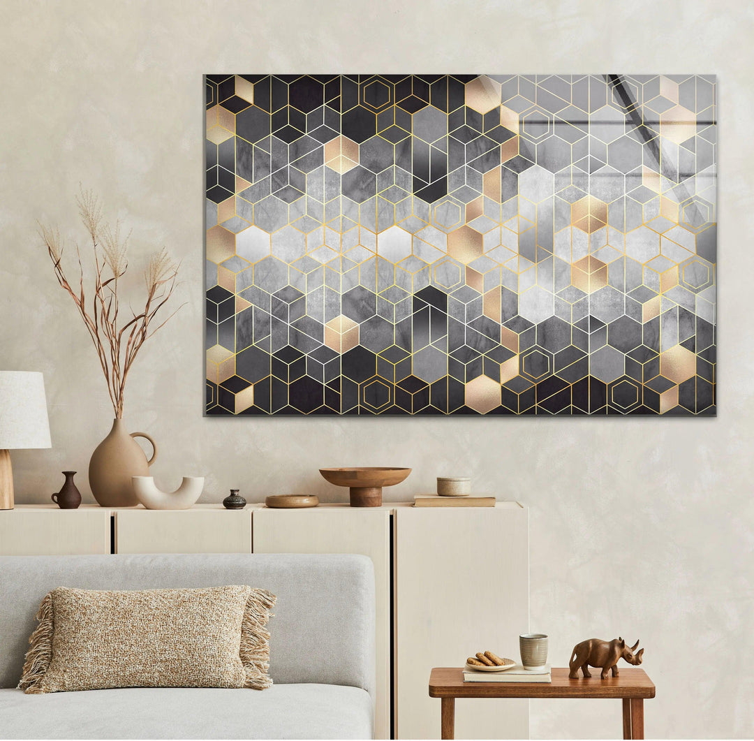 Mosaic Hexagon Glass Wall Art print picture on glass, Tempered Glass Wall Art