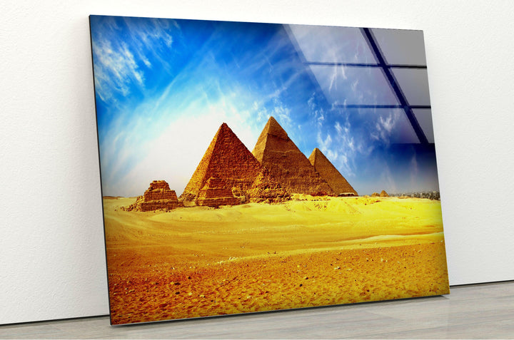 Ancient Egypt glass wall art depicting the iconic pyramids in a breathtaking scene.
