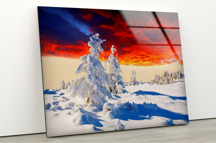 Snowy Winter Landscape with Vibrant Sunset – A High-Definition Glass Artwork
