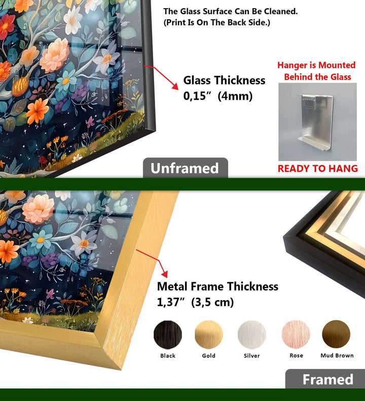 Colored Flower Tree Night Glass Wall Art