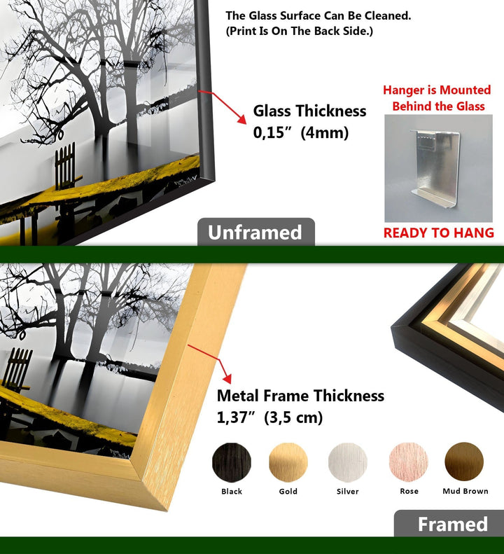 Schwarz-weiße Glaswandkunst mit Dock und Vögeln