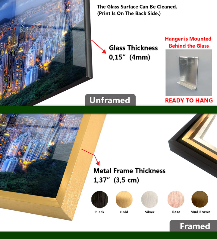 Glaswandkunst mit Skyline von Hongkong – Atemberaubender Blick auf die Lichter der Stadt und den Hafen in der Abenddämmerung
