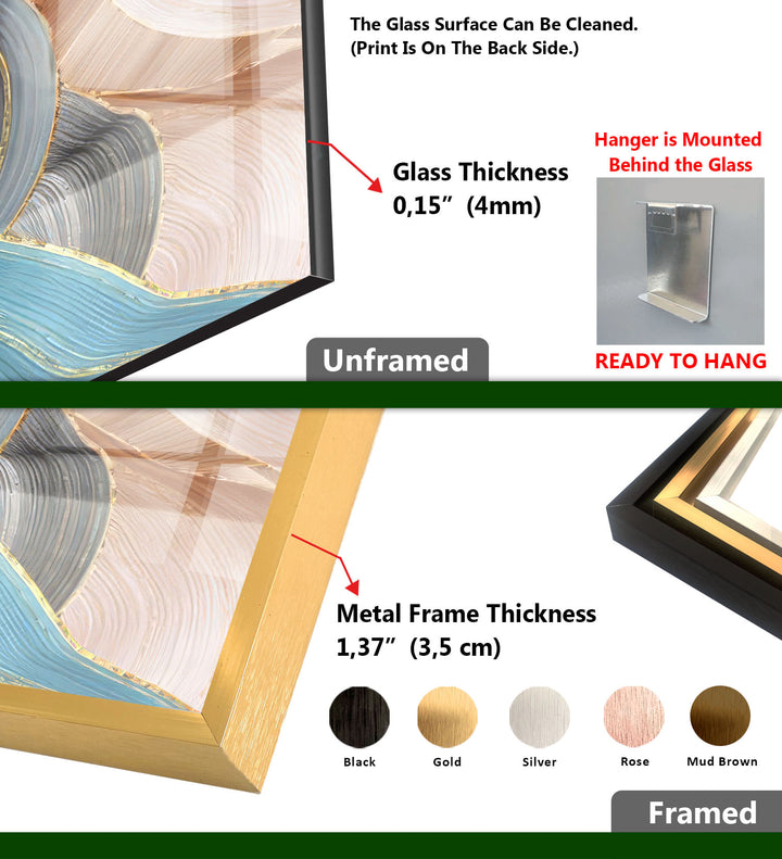 Goldene Adern Abstrakte Wandkunst – Blauer und beiger Glasdruck 