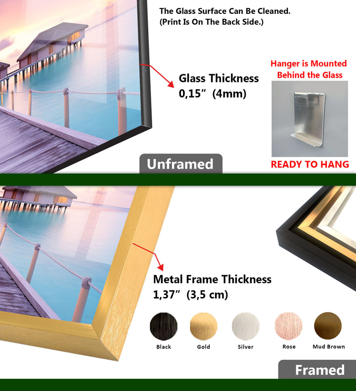 Wandkunst „Überwasserbungalows“ – Glasdruckdekor „Tropischer Sonnenuntergang“ 
