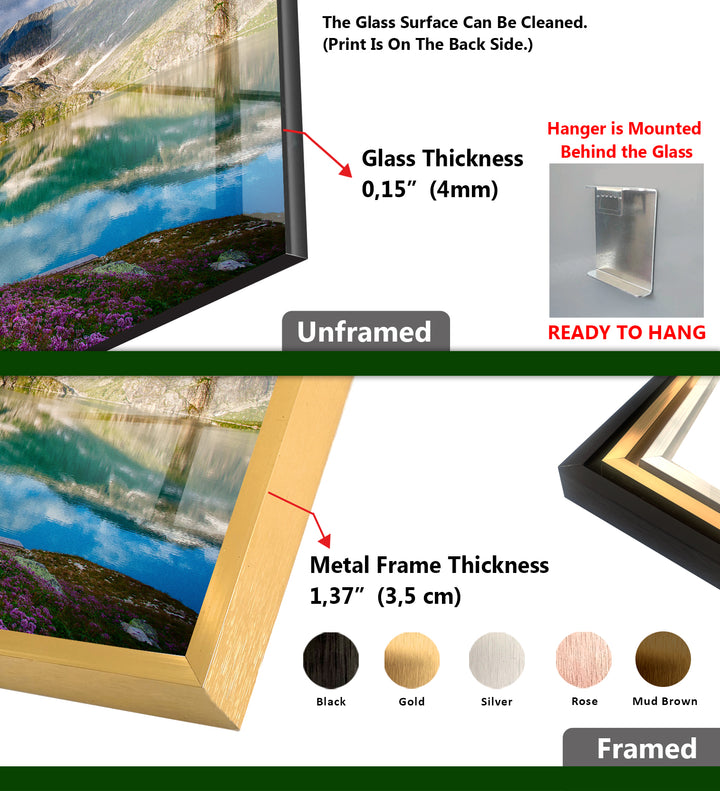 Norwegischer Fjord – Glaswandkunst – Majestätischer Berg mit blühenden Blumen