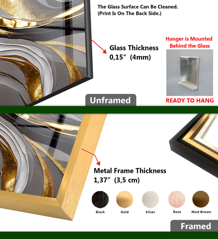 Luxuriöse Wandkunst in Silber und Gold – Abstrakter Glasdruck für Innenräume 