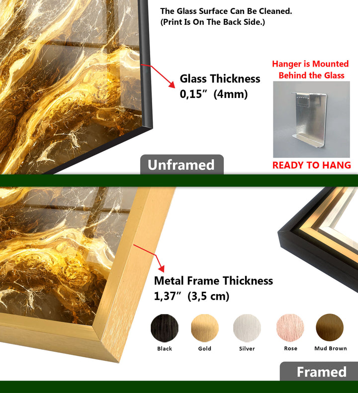 Abstrakte Wandkunst aus goldenem Marmor – Eleganter Glasdruck für Innenräume 