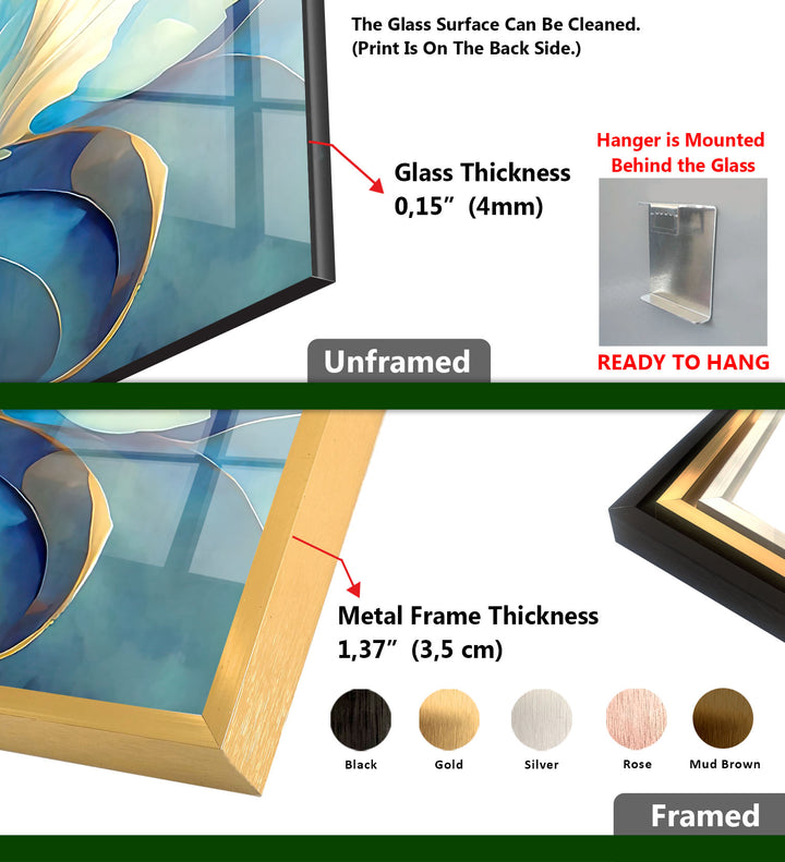 Blue Bloom Wandkunst – Eleganter floraler Glasdruck für Wohnräume 