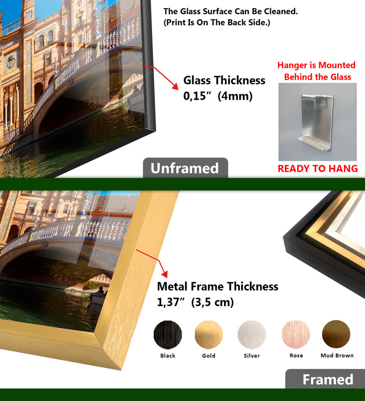 Glaswandkunst Plaza de España – Majestätisches spanisches Wahrzeichen mit malerischem Kanal