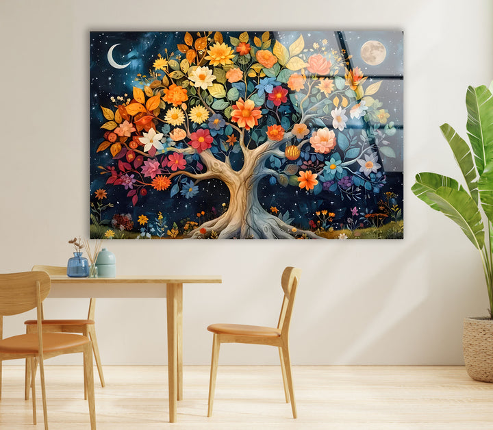 Colored Flower Tree Night Glass Wall Art print on glass, glass printed photos
