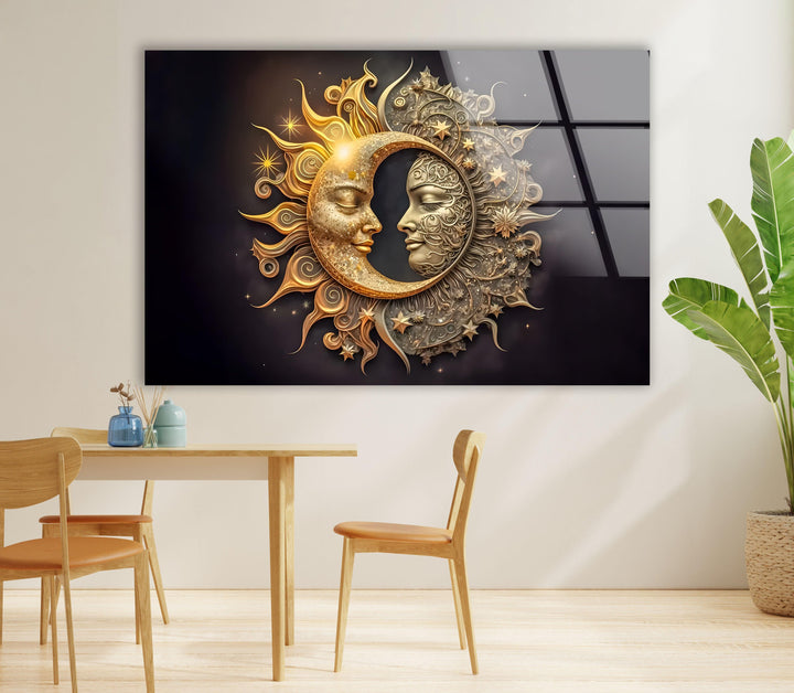 Sun With Moon Like Gothic Mode Glass Wall Art glass art painting, glass art for the Wall
