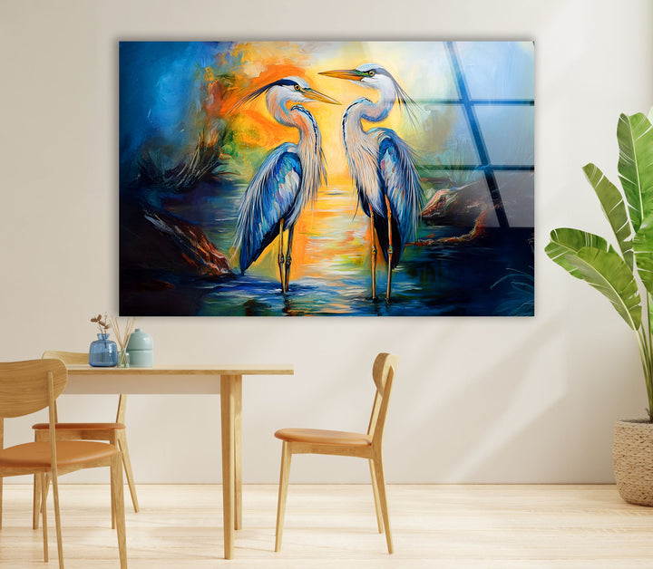 Sonnenuntergangsserenade – Romantisches Reiherpaar-Wandbild aus Glas