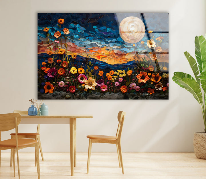 Oil Art Night Sunset & Flowers Glass Wall Art glass pictures for Wall, glass prints wall art
