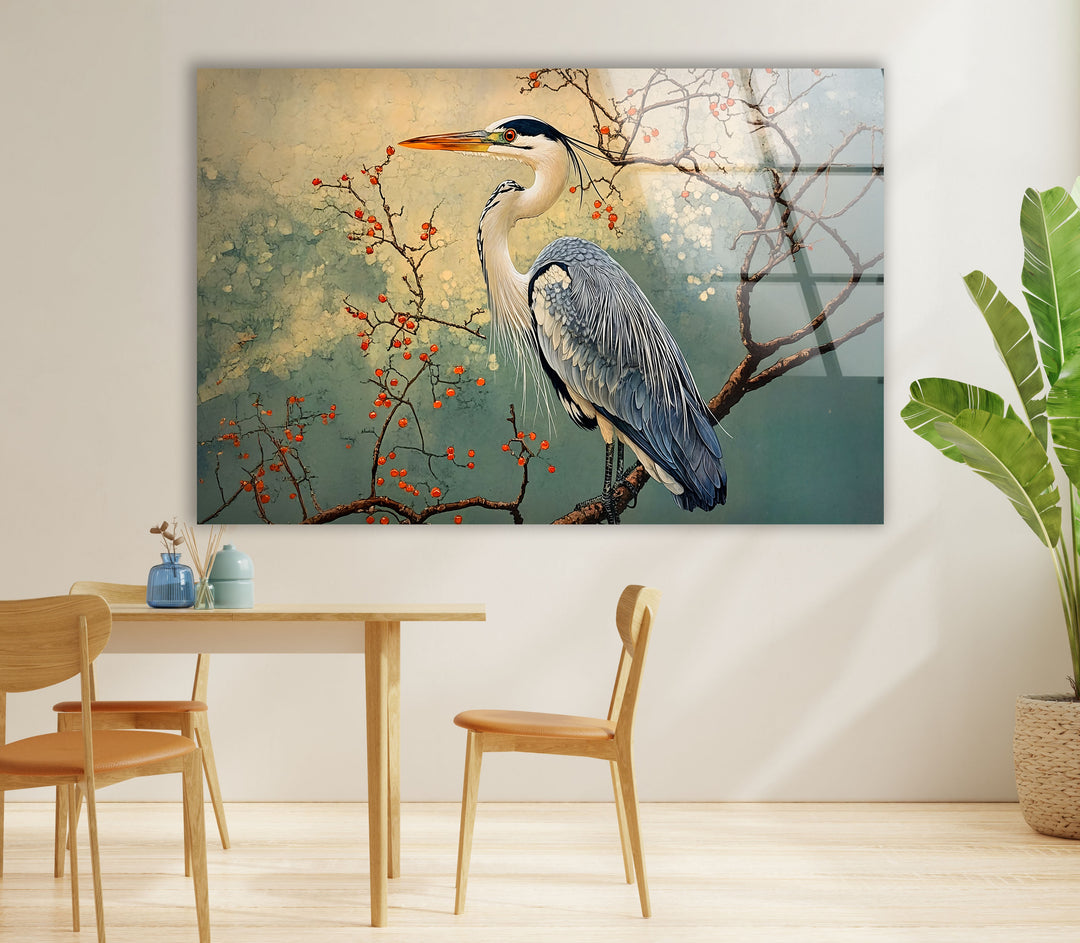 Blühende Gelassenheit – Reiher unter Blüten – Glaswandkunst