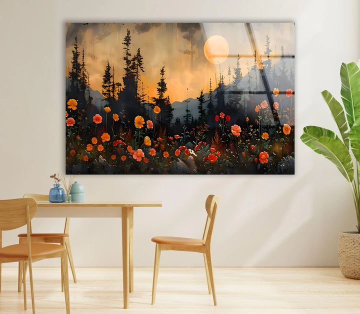 Full Moon & Flowers Glass Wall Art custom glass photo prints, large glass prints
