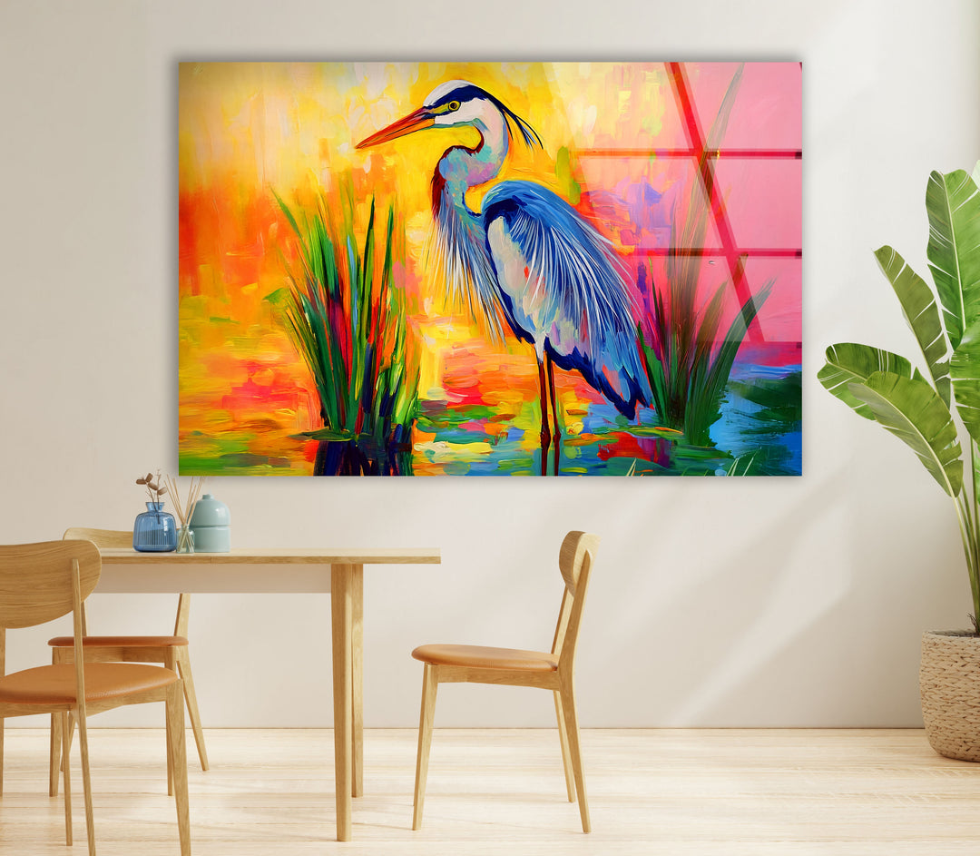 Lebendiger Reiher – Abstrakte Farbspritzer-Glaswandkunst