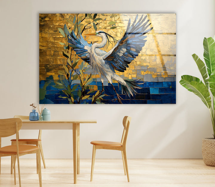 Golden Ascent – ​​Reiher im Flug – Glaswandkunst