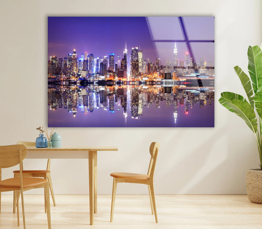 City Prints night skyline glass wall art features a vibrant city reflection and glass finish with modern home decor and wall art appeal