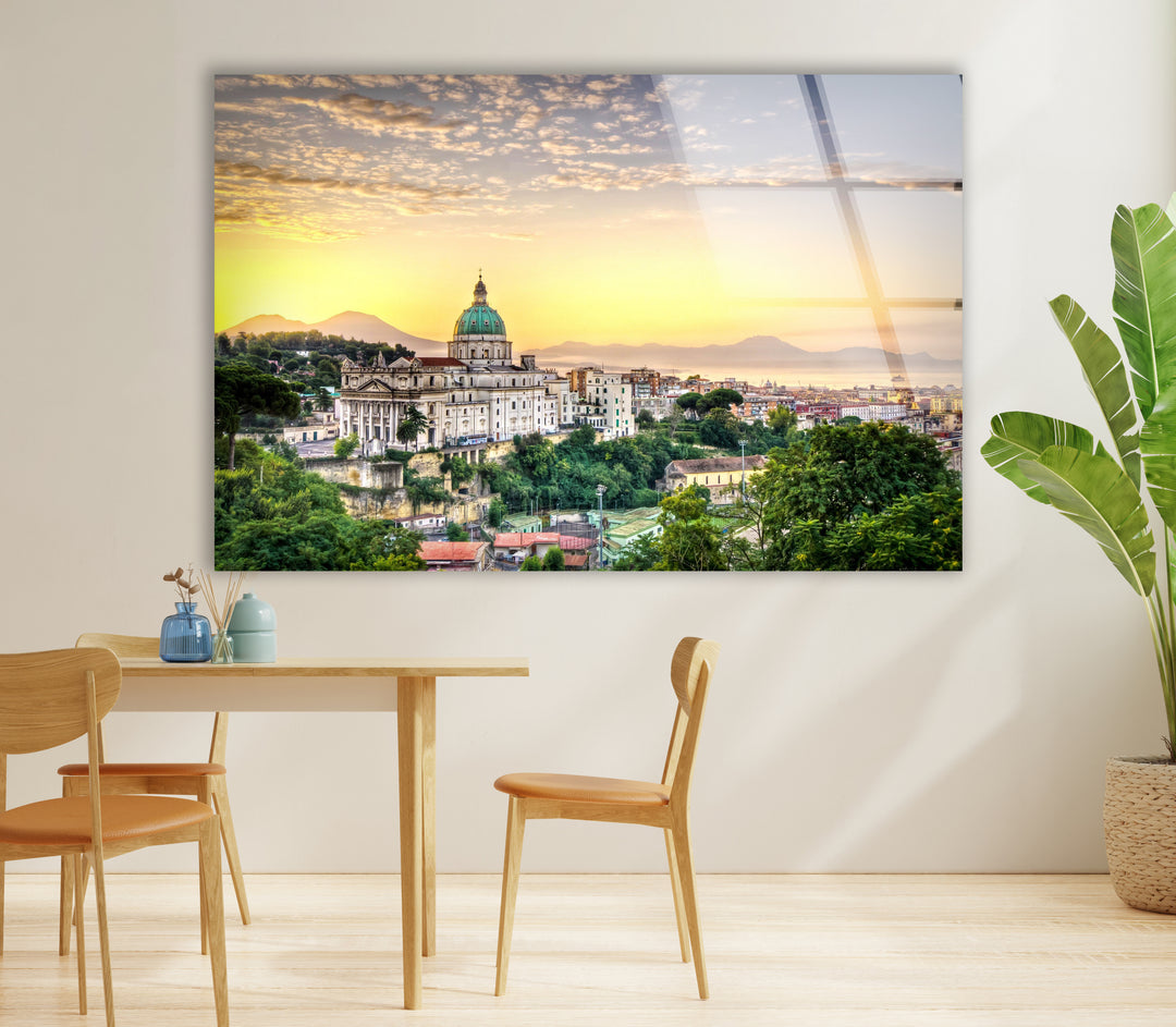 Glaswandkunst mit Blick auf die Skyline von Neapel bei Sonnenuntergang – Ikonisches italienisches Stadtbild mit Blick auf den Vesuv